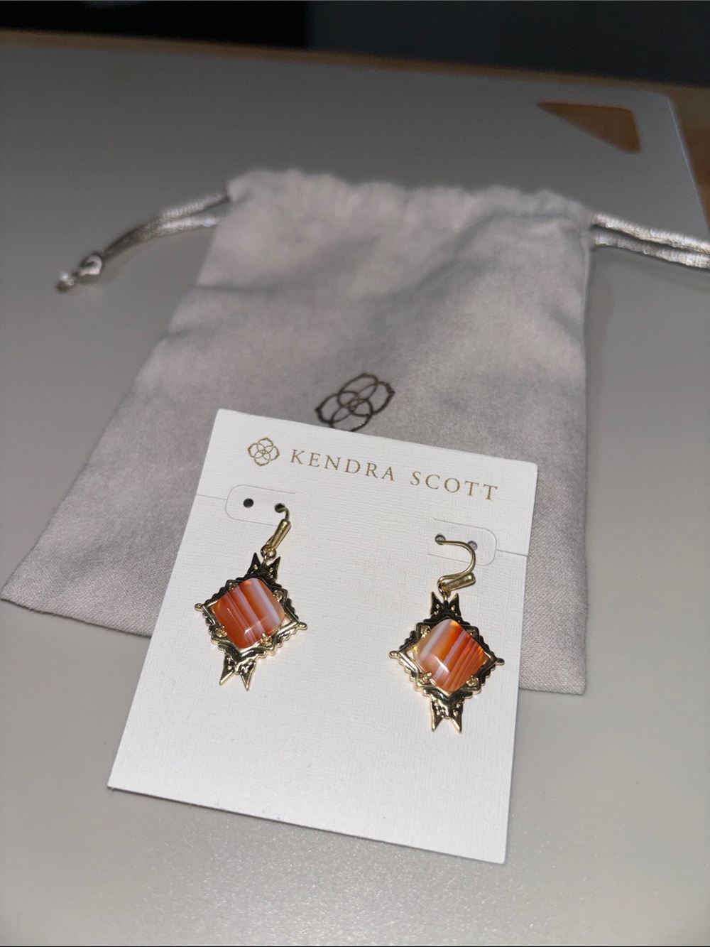 Kendra Scott Gold Drop Earrings with Coral Striated Stones